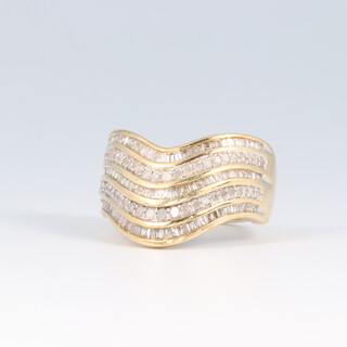 A 9ct gold cocktail ring set 5 rows of numerous diamonds, size P 1/2, 5.3g