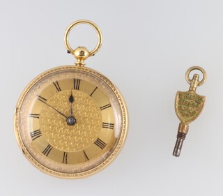 A lady's open faced key wind fob watch with gilt dial and Roman numerals, movement no. 13559, contained in an 18ct gold case, 76g gross 