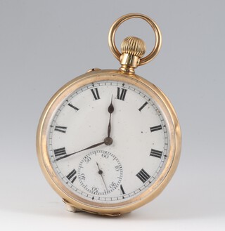 A gentleman's open faced keyless pocket watch  with enamelled dial, Roman numerals, subsidiary second hand, contained in a 15ct gold case, the dust cover engraved "Presented to Rev. W A Blackwall MA, by the parishioners of Holy Trinity Church, Stockton on Tees January 1910", back is monogrammed, 82g 