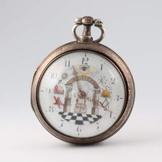 Masonic, G B Giobbio of Bath, a key wind fusee, pair cased, pocket watch, the enamelled dial decorated Masonic symbols, square, compasses, beehive, all seeing eye, the movement signed G B Giobbio of Bath, no. 4354,  the pierced cock to the back having rising sun, square and compasses, contained in a silver case, London 1815 