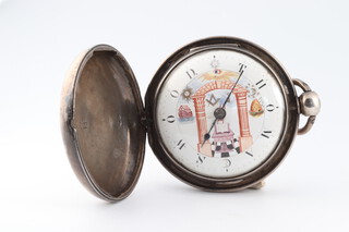 Masonic, T & B King, East Smithfield London, a fusee full hunter pocket watch, the enamelled dial marked in place of numerals Thomas Wood, with pillars, square, compasses, key, ark, all seeing eye and beehive, movement no. 6456, contained in a silver case 