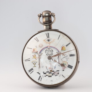 Masonic, Henry Mellor of Stockport, a fusee open face pocket watch, the enamelled dial with subsidiary second hand and decorated arches, beehive, ark, square and compasses, movement signed Henry Mellor Stockport no. 811, contained in a silver case Birmingham 1810 by William Howard  
