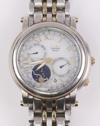 A gentleman's Citizen ECO-Diver WR100 chronograph wristwatch with silvered dial, month dial and phases of the moon, contained in a chrome case with integral bracelet