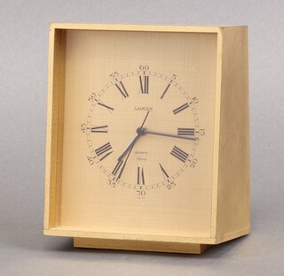 Luxor for Asprey,  a 1970's quartz timepiece with 10cm dial, Arabic numerals, contained in a gilt metal case 14cm h x 11cm w x 8cm d  