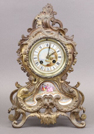 Japy Freres, a French 19th century 8 day striking clock with 9cm porcelain dial decorated a landscape, movement no. 22506, contained in a gilt metal and porcelain case  37cm h x 25cm w x 10cm d 
