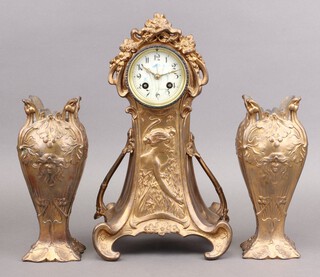 H RI NDET, An Art Nouveau 3 piece clock garniture comprising striking on bell mantel clock with 7cm enamelled dial, Roman numerals and floral panel to the centre, the movement no. 24185 37cm h x 22cm w x 19cm and 2 side vases 