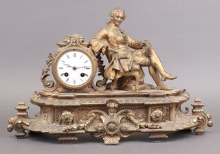 Japy Freres, a French 8 day mantel clock with 8cm enamelled dial, Roman numerals, movement no. 1750, contained in a gilt metal case supported by a figure of a seated scholar, case marked P H Mourey 64, complete with pendulum (no key)  31cm h x 42cm w x 13cm d 