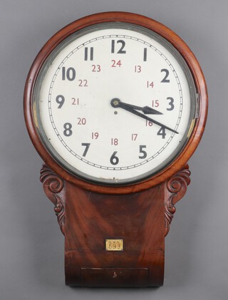 Of Railway interest, a GWR wire driven fusee drop dial wall clock, the 46cm painted dial with Roman numerals, 24 hour clock and metal bezel, the 12cm back plate no. 19722, complete with steel pendulum no. 19722, contained in a mahogany case with plaque marked G.W.R. 593
