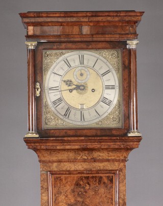 George Tyler Popeshead Ally London, an 18th century longcase clock, the 30cm gilt dial with Roman numerals, subsidiary second hand, calendar aperture and gilt metal spandrels, marked Geo. Tyler, Popeshead Ally, London, complete with pendulum and weights, contained in a figured walnut case 211cm h