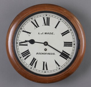 Of local interest, A Continental wall clock, the 30cm dial marked L. J. Wade, Bognor Regis and with Roman numerals, contained in a beech case complete with pendulum and key  39cm diam. 