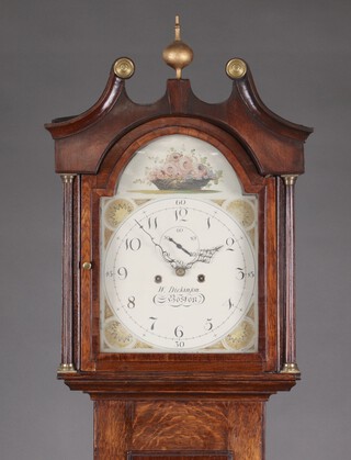 W Dickinson of Boston, a 19th century 8 day striking longcase clock with 30cm arch painted dial decorated a basket of fruit complete with pendulum and key, contained in an oak case 216cm h