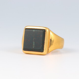 A 22ct gold and hardstone set signet ring, size O, 8.1g
