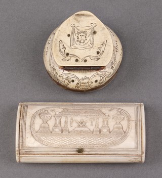 A 19th century Masonic rectangular carved bone arch shaped snuff box, the lid decorated square and compasses, candles, trowel and gavel 1cm x 9cm x 4cm, together with a circular carved horn snuff box decorated influence of the crucifixion 5cm 