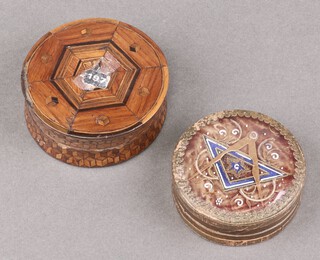 An 18th/19th century Masonic circular straw work jar and cover of waisted form, the lid inlaid bone ruler, square, compasses and plumb roll 3cm h x 7cm diam. (some inlay to edge missing), together with a card box the lid inlaid a square and triangle 3cm x 6cm diam. 