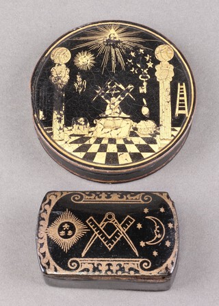 A 19th century Masonic lacquered jar and cover decorated square, compass, pillars and globe 3cm h x 9cm diam., together with a black lacquered snuff box decorated square, compasses, sun and moon 3cm h x 7cm w x 5cm d 