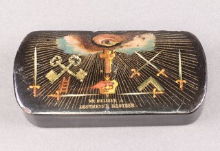 A 19th century, The Grand Alfred Order of Old Friends, rectangular snuff box,  the lid decorated cross, square, crossed swords and crown,  3cm h x 9cm w x 4cm d