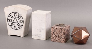 A Masonic carved Mark Master Masons keystone 18cm h x 15cm w x 8cm d (some chips to base), a Mark Master Masons carved marble stone 8cm x 15cm x 7.5cm, a perfect ashlar with lewis 8cm x 8cm x 8cm, a copper coloured platonic body 10cm 