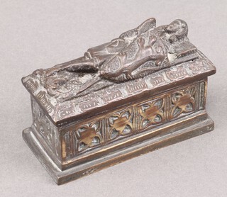 A rectangular bronze casket in the form of a Knights tomb 6cm h x 11cm w x 5cm d 