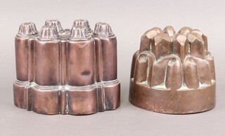 Benham, an oval copper jelly mould with sceptre mark 12cm x 17cm x 12cm (dents in places) and 1 other numbered 430 12cm x 13cm (misshapen) 