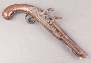 A 19th Century and later flintlock pistol with 20cm steel barrel and brass trigger guard, the lock plate marked Baileyy, 
