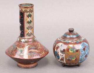 A Japanese black and cream ground cloisonne enamelled club shaped vase decorated birds 14cm together with a jar and cover on bun feet 8cm 