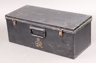 A George VI emergency Fire Brigade Organisation rectangular black metal first aid tin, the front with royal cypher 16cm h x 43cm w x 19cm d 