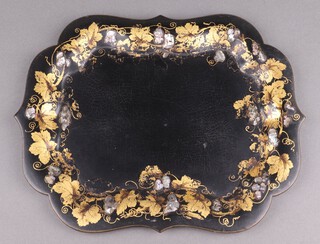 Jennings & Bettridge, a Victorian papier-mache and inlaid mother of pearl shaped tray with gilt floral decoration 34cm x 26cm 
