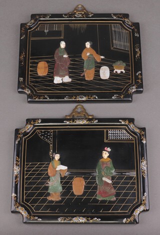 A pair of Chinese rectangular black lacquered panels inlaid hardstone in the form of standing figures 20cm x 25cm 