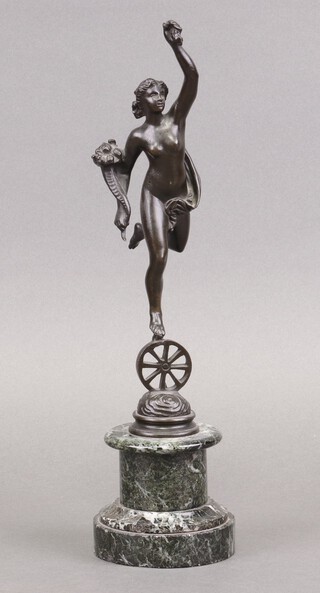 A 19th century bronze figure of the Goddess Fortuna raised on a marble base, 33cm 