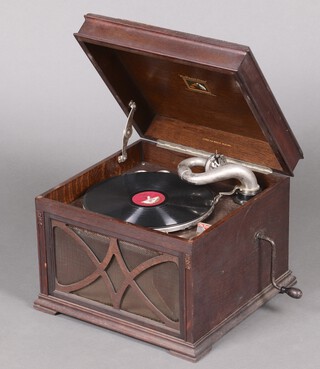 His Masters Voice, a gramophone contained in an oak case with hinged lid 35cm h x 44cm w x 42cm d 