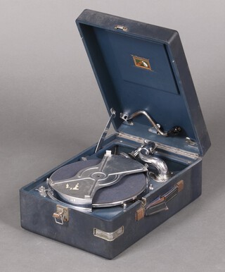 His Masters Voice, a portable gramophone contained in a blue fibre case 15cm h x 28cm w x 41cm d 