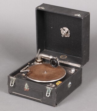 A Vocalion portable manual gramophone in a black fibre case 21cm h x 34cm w x 33cm d 