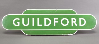 Of Railway interest, a Southern Railways green and white enamelled station sign "Guildford" 26cm h x 92cm w 