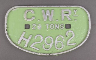 A Great Western Railway wagon plate marked G.W.R y. 20 Tons H2962 16cm x 27cm 