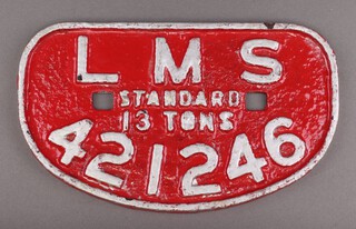 An LMS railway wagon plate marked Standard 13 tons 421246 