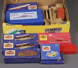 Hornby Dublo, a collection of scenery, some boxed, to include D1 level crossing, breakdown crane, D1 foot bridge, TPO mail van set (x2), D1 through station, D1 girder bridge, D1 island platform etc 