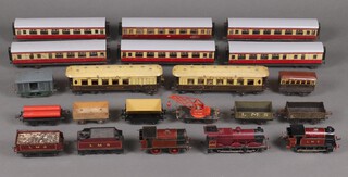 A collection of Hornby O gauge tin plate clockwork locos, carriages, rolling stock and wagons to include 2 pullman carriages, Iolanthe and Arcadia, 10 ton crane, LMS 2270 (x2) locos, McAlpine tipping truck, etc 
