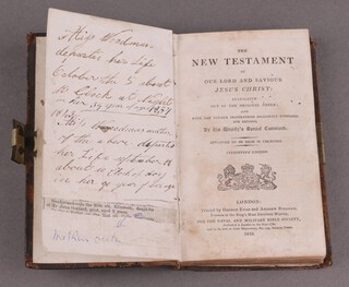 The New Testament for the Naval and Military Bible Society London Eyre and Strahan 1818, bound in contemporary panelled calf, tooled title to front board, brass locking clasp, 12mo. 