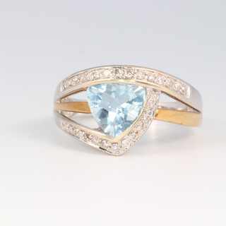 A 9ct white and white gold aquamarine and diamond set ring, size N 1/2, 3.9g