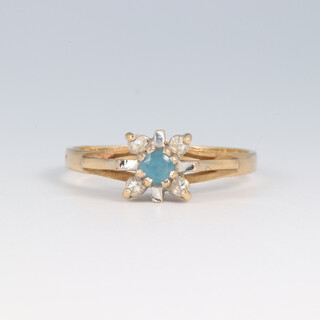 A gold marked 9ct cluster ring set blue and white stones, size P 1/2, 1.8g