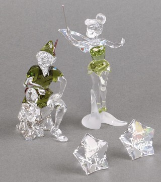 Two Swarovski Crystal  figures - Tinkerbell 2011, 12cm, and Peter Pan 2013, 9cm with companion plaque, boxed 