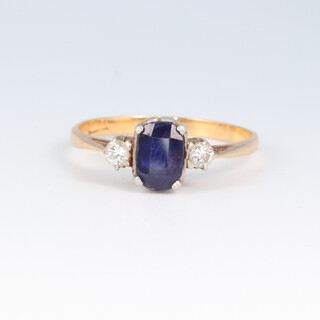 A gold testing as 18ct, sapphire and 2 stone diamond set ring set, size Q, 3.1g