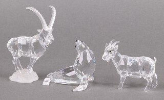 Three Swarovski Crystal figures - Gazelle 2019 10cm, Goat 2010 6cm and Seal Mother 2008 6cm, all boxed