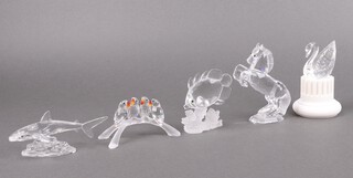 Five Swarovski Crystal  figures - Rearing Horse 11cm, Butterfly Fish 8cm, 1990 Swan Centenary figure 6cm, Dolphin 12cm and Love Birds 10cm, all boxed 