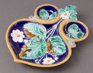 A Wedgwood Majolica 3 section strawberry dish with leaf decoration, the base impressed Wedgwood FFZ4, 26cm 