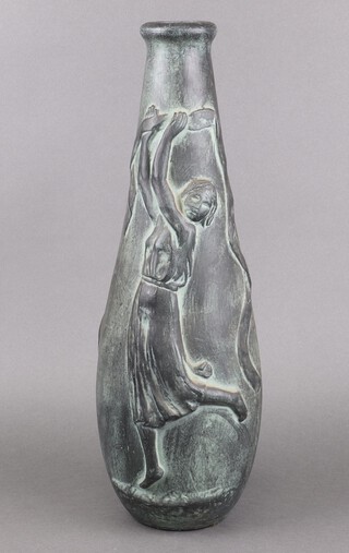 An Art Pottery green glazed, club shaped vase decorated female figures 48cm  
