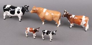 A Beswick model of a Friesian cow  Clabury Legg Water 11cm (leg has been stuck), ditto Ayrshire cow CH Lackham Bessie model 1350 12cm, Jersey bull CH Sabrina's Sir Richmond, Ayrshire calf 7cm and a Friesian calf 7cm