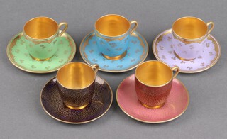 A 10 piece Coalport coffee service (5 cups and 5 saucers), each cup and saucer of a different design with gilt interior, bases marked Coalport 