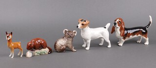 Five Beswick models - Bassett hound Fochno Trinket 2045A, Jack Russell terrier 12cm, Chamois Fawn 1551 10cm, Koala bear 8cm and Beaver 1943 6cm