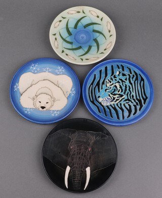 Sally Tuffin for Dennis Chinaworks, 4 limited edition plates - polar bear 35/2000 15cm, elephant 21/2000 16cm, tiger CW99 16cm and penguins JG99 11cm  